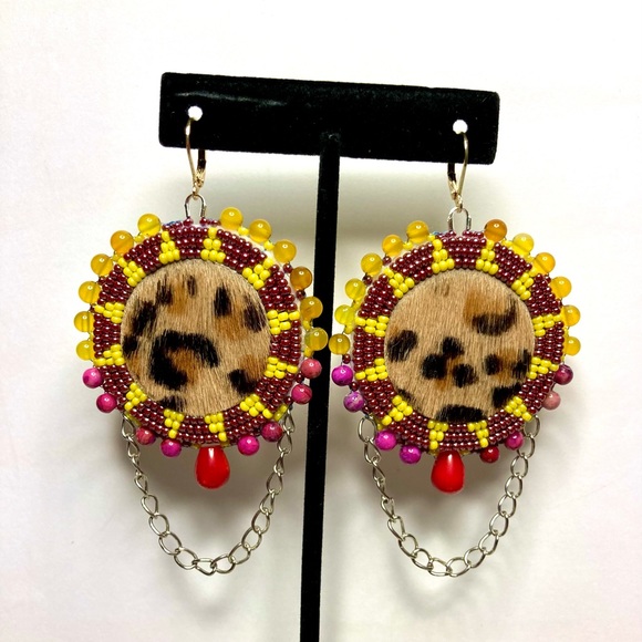 Beaded Beadwork Leopard Cowhide Bead Embroidery Gemstone Earrings Jewelry chain - Picture 2 of 3